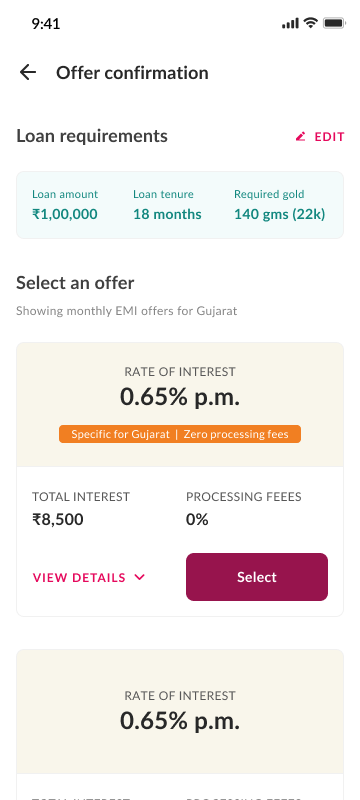 Gold loan offer confirmation showing loan requirements and rate of interest